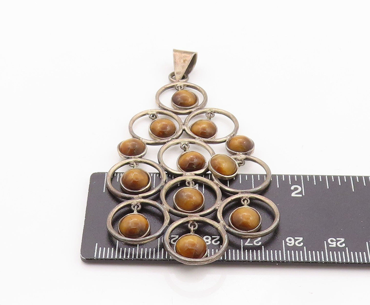 925 Sterling Silver Vintage Pendant Dangling Tiger's Eye Halo Rings PT24007