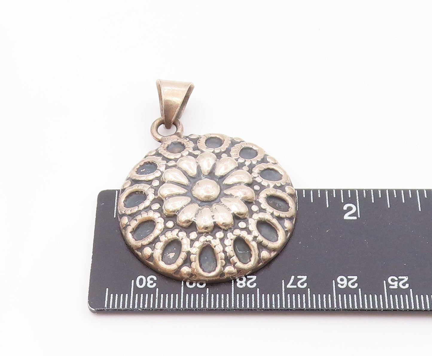 MWS MEXICO 925 Silver Vintage Shiny Round Floral Motif Pendant PT16072
