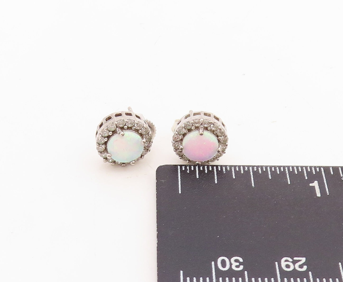 925 Sterling Silver Vintage Earrings Oval Fire Opal Halo CZ EG13252