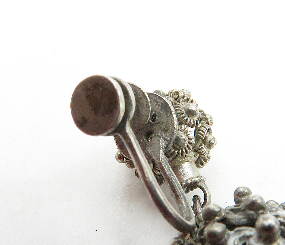 925 Sterling Silver Vintage Antique Floral Sphere Non Pierce Earrings EG4735