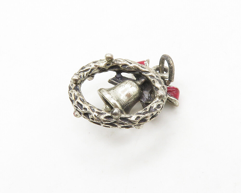 925 Sterling Silver Vintage Enamel Ribbon Bow Wreath & Bell Pendant PT13519