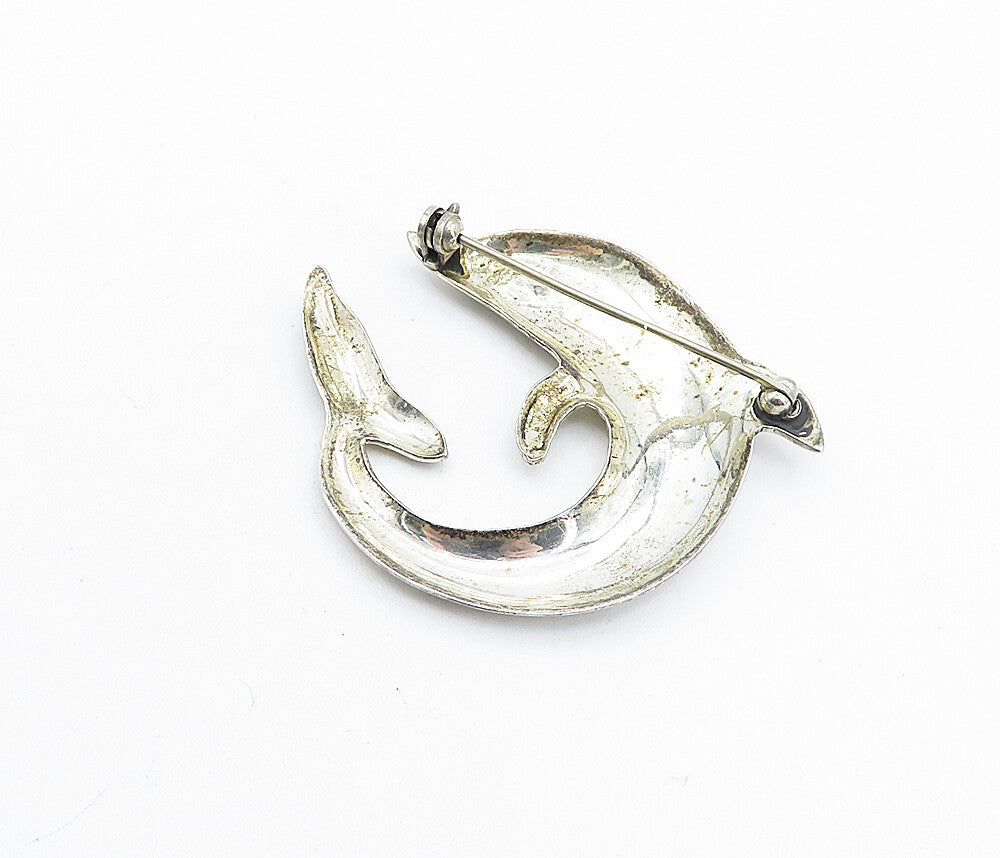 925 Sterling Silver Vintage Smooth Dark Tone Dolphin Motif Brooch Pin BP2247