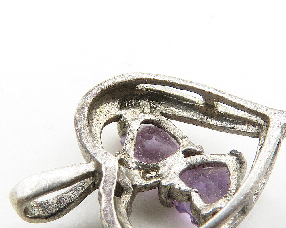925 Sterling Silver Vintage Petite Amethyst Love Hearts Pendant PT15439