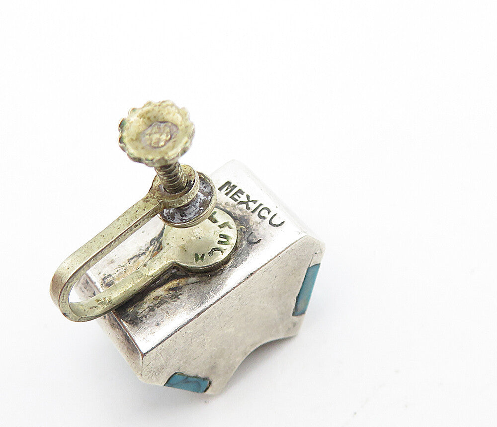 MEXICO 925 Silver Vintage Inlaid Turquoise Non Pierce Screw Earrings EG3330