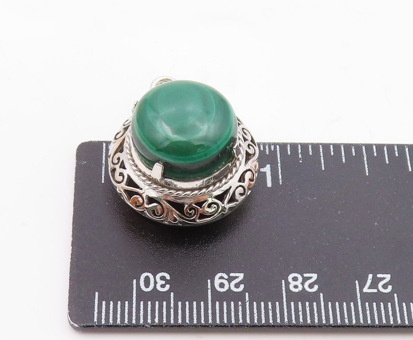 925 Sterling Silver Vintage Cabochon Malachite Open Scroll Pendant PT20877