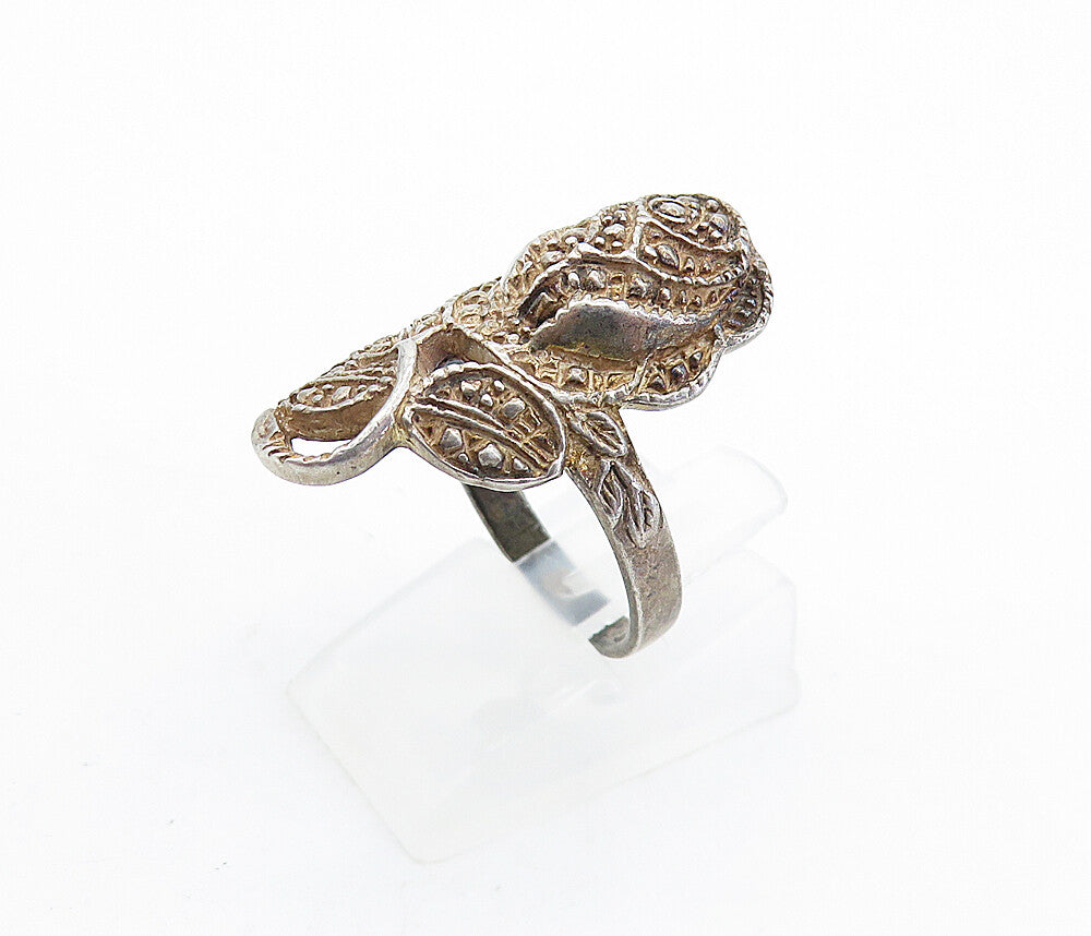 925 Sterling Silver Vintage Dark Tone Rose Flower Motif Band Ring Sz 8 RG7097