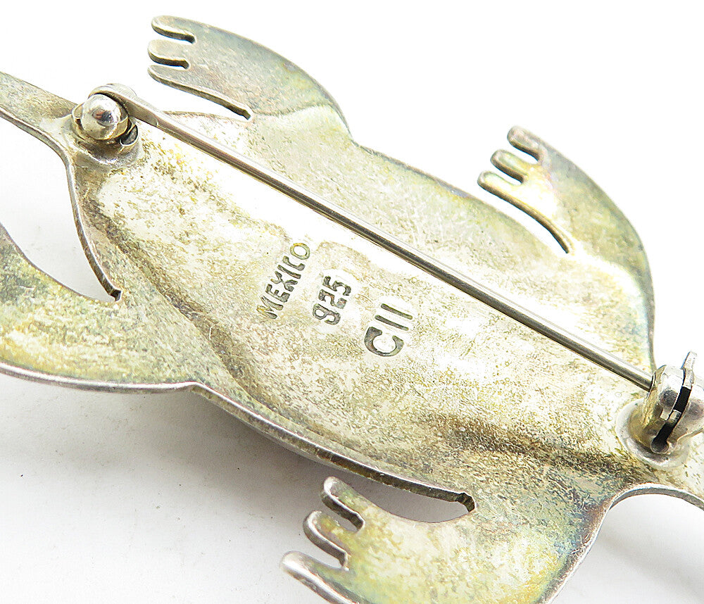 MEXICO 925 Sterling Silver Vintage Jasper Sea Turtle Motif Brooch Pin BP1567
