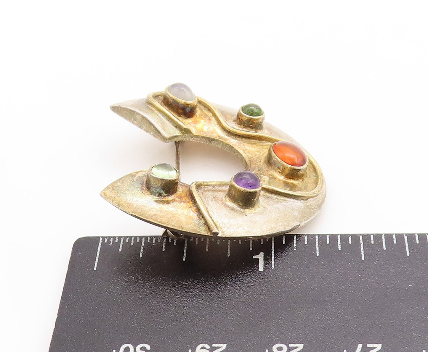 925 Sterling Silver Vintage Brooch Pin Cutout Ring Gemstones Inlay BP11382