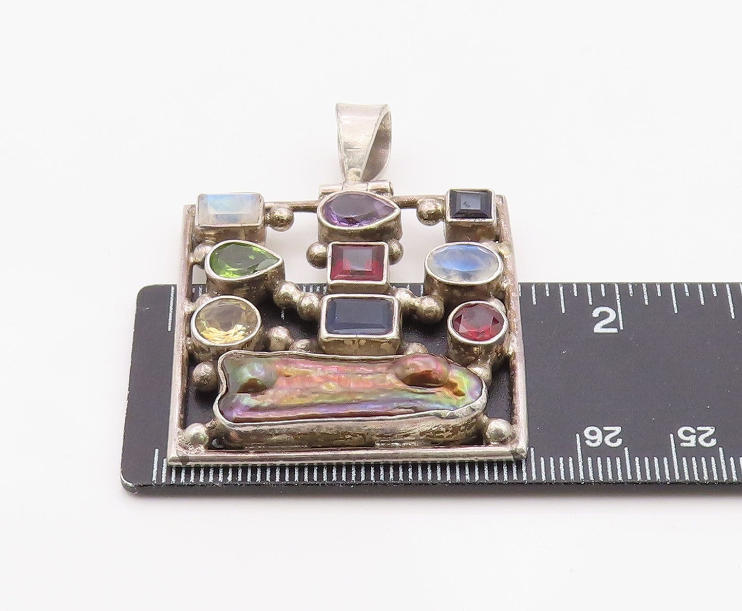 925 Sterling Silver Vintage Pendant Modernist Multi Gemstone Square PT26358