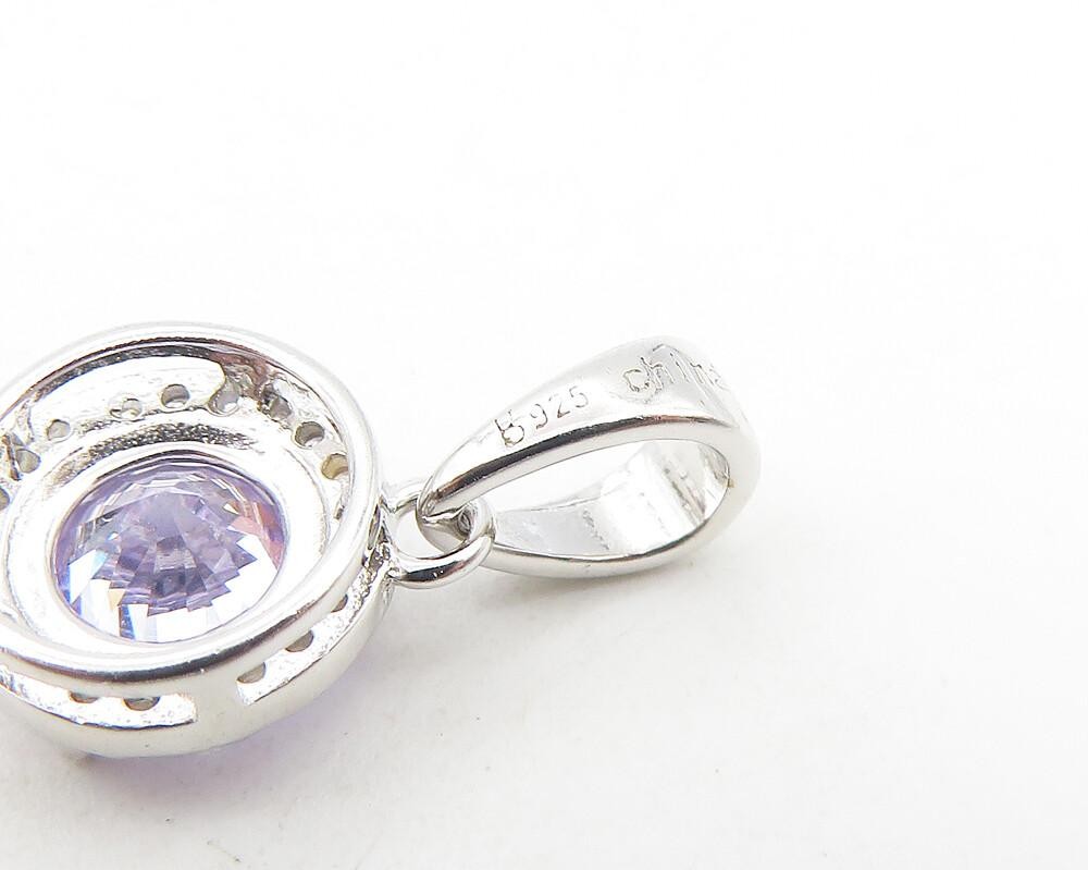 925 Sterling Silver Purple & White Cubic Zirconia Round Drop Pendant PT9200