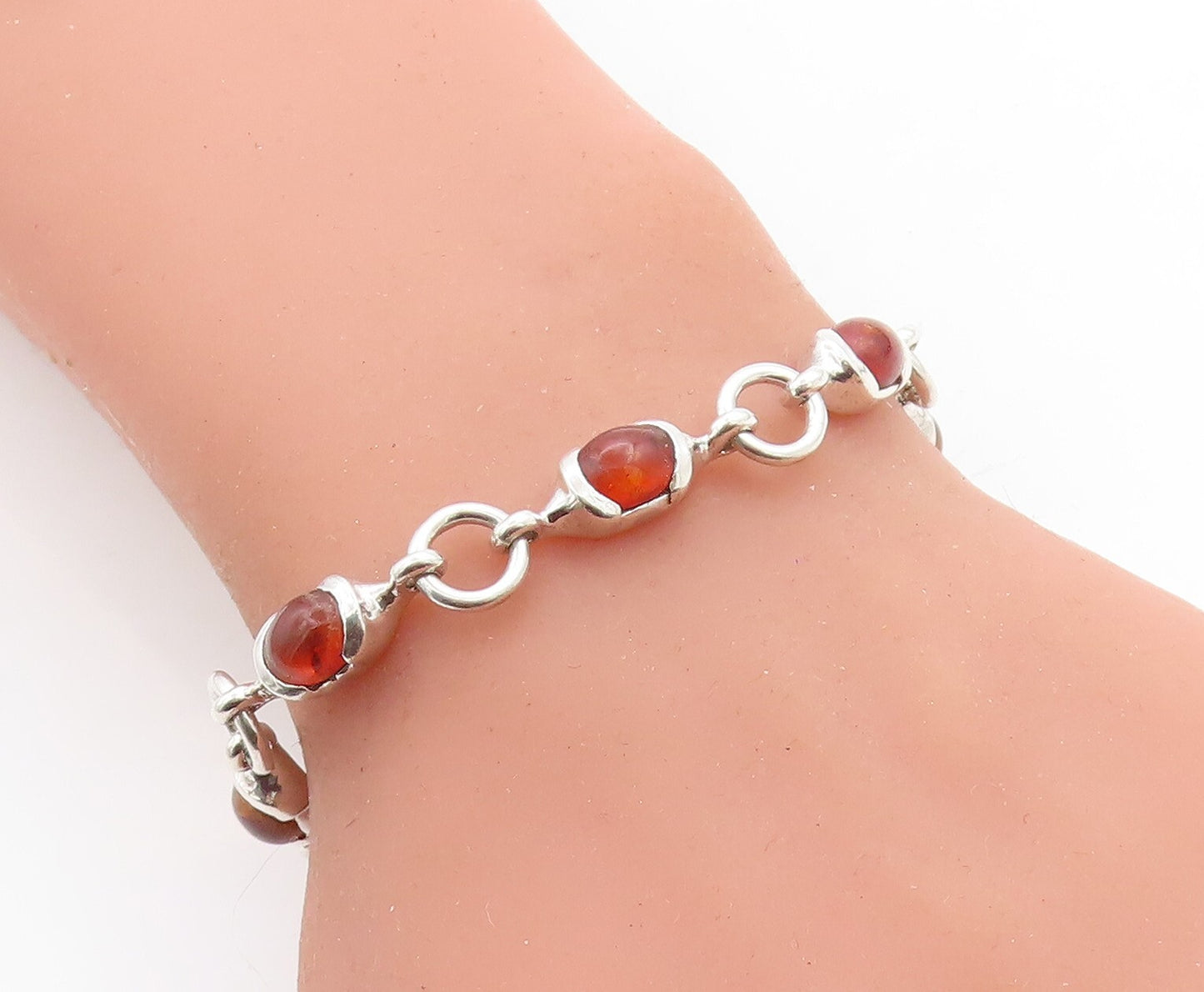 925 Sterling Silver Cabochon Cut Amber Round Link Chain Bracelet BT2158