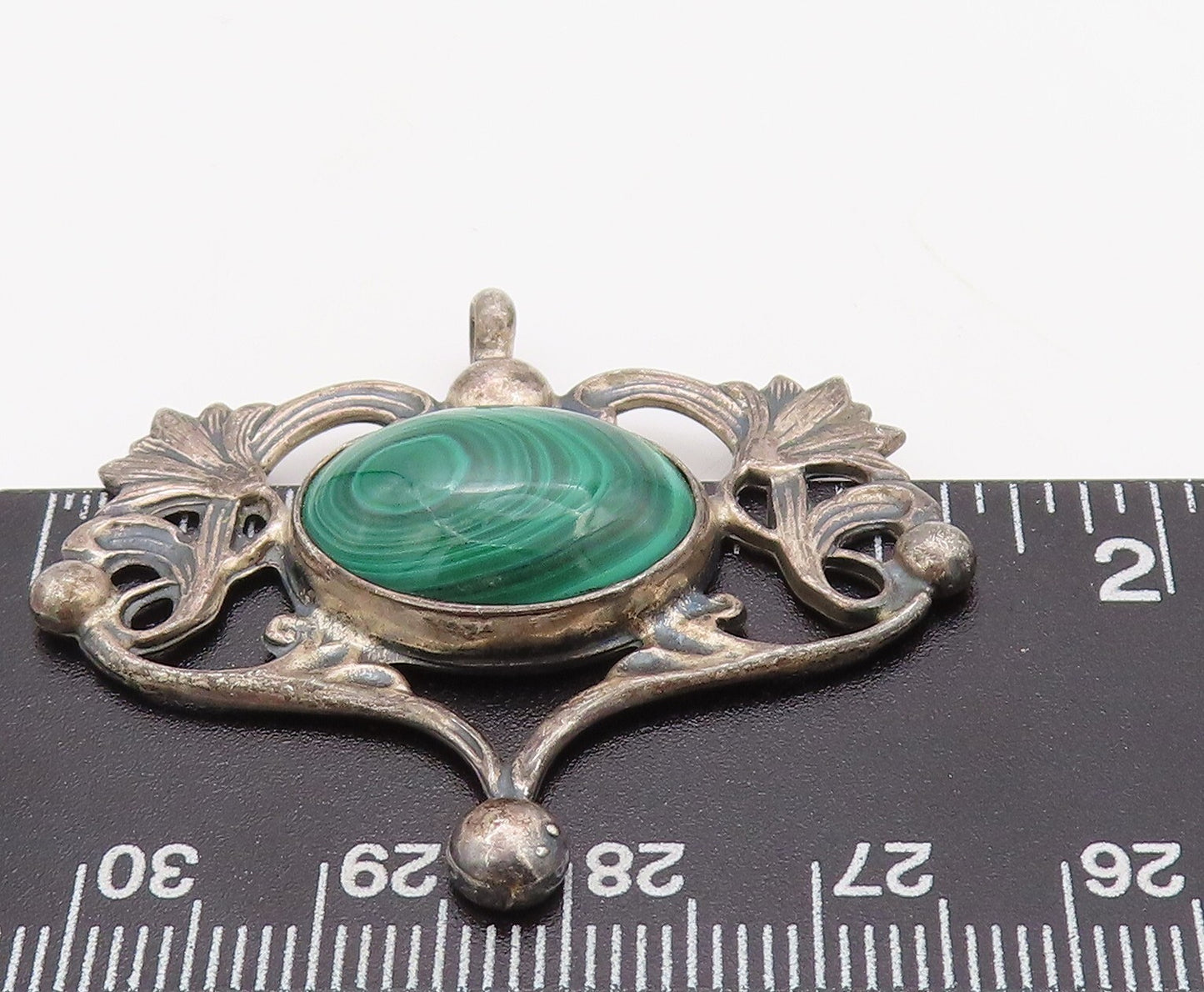 925 Sterling Silver Vintage Pendant TERNER Floral Oval Malachite Heart PT23493