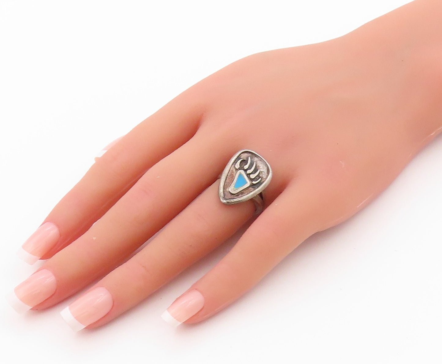 925 Sterling Silver Vintage Ring NAVAJO ZUNI Turquoise Bear Paw SZ 6.5 RG32289