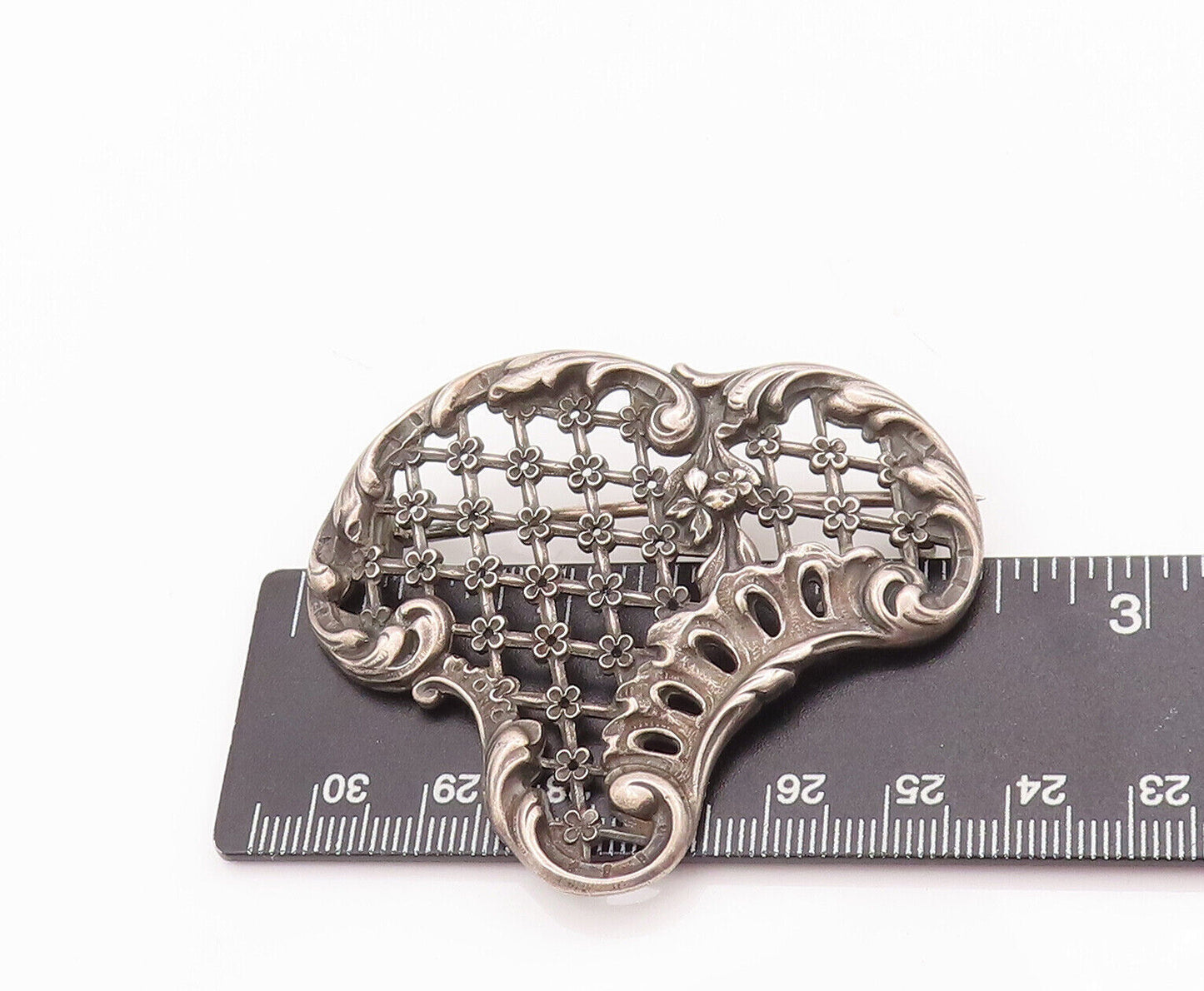 925 Sterling Silver Vintage Brooch Pin Antique Swirly Floral Net Cutout BP10878