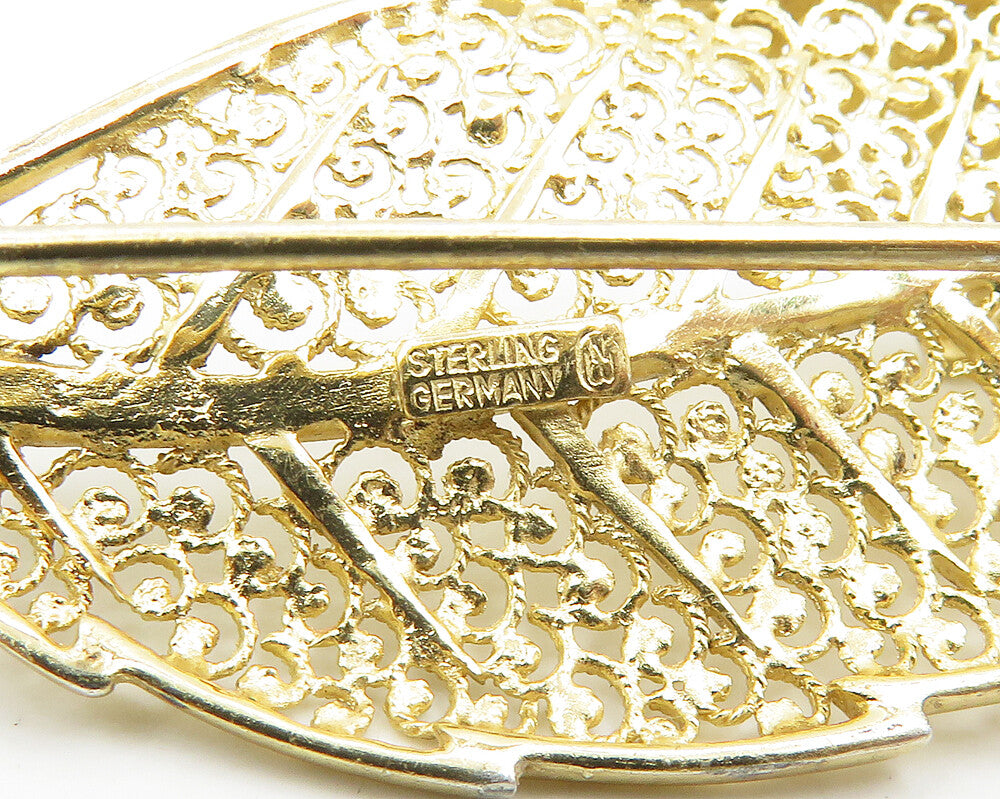 GERMANY 925 Sterling Silver Vintage Gold Plated Floral Leaf Brooch Pin BP7348
