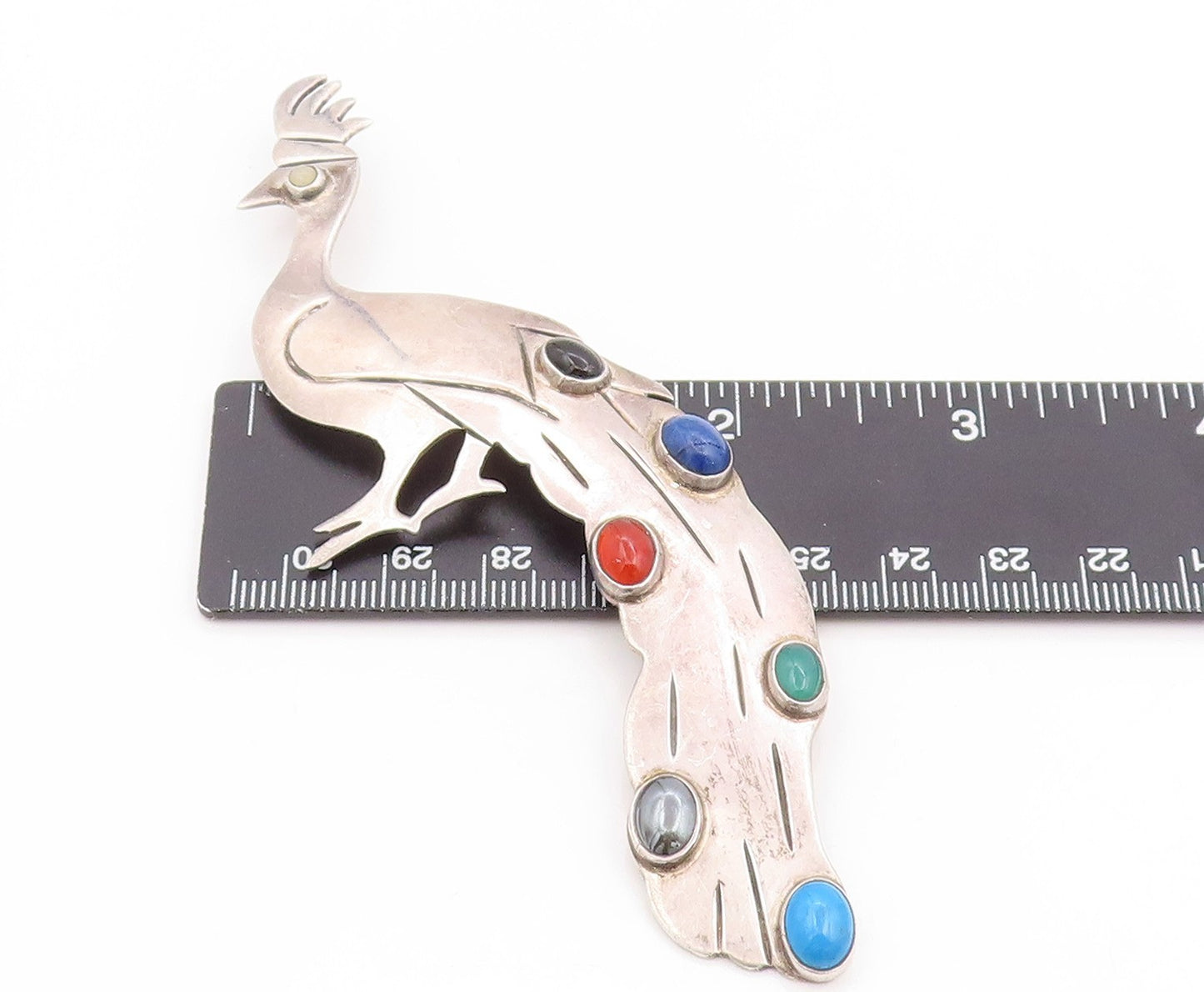 925 Sterling Silver Vintage Brooch Pin MEXICO Multi Gemstone Peacock BP12262
