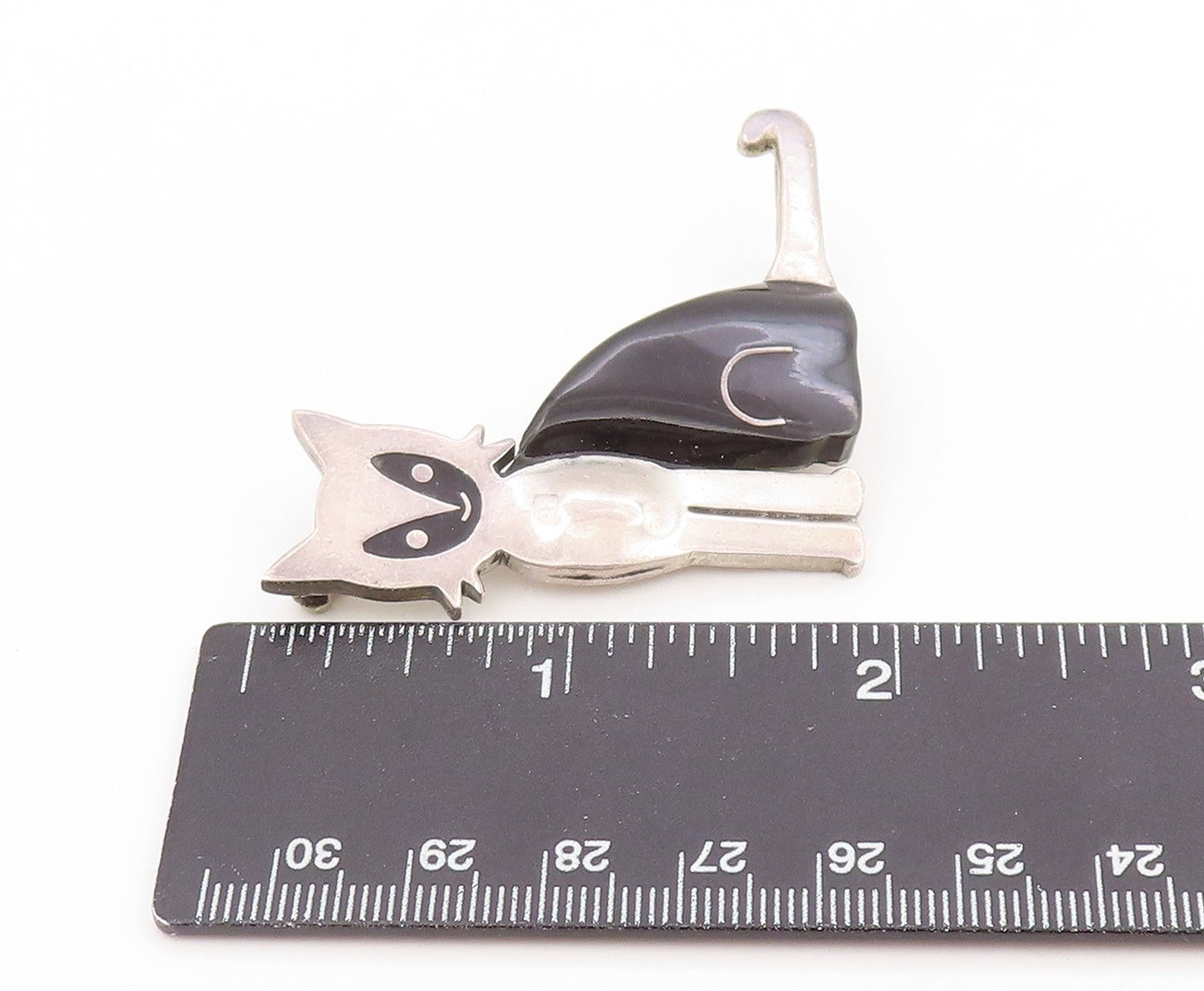 925 Sterling Silver Vintage Brooch Pin MEXICO Onyx Modernist Walking Cat BP12263