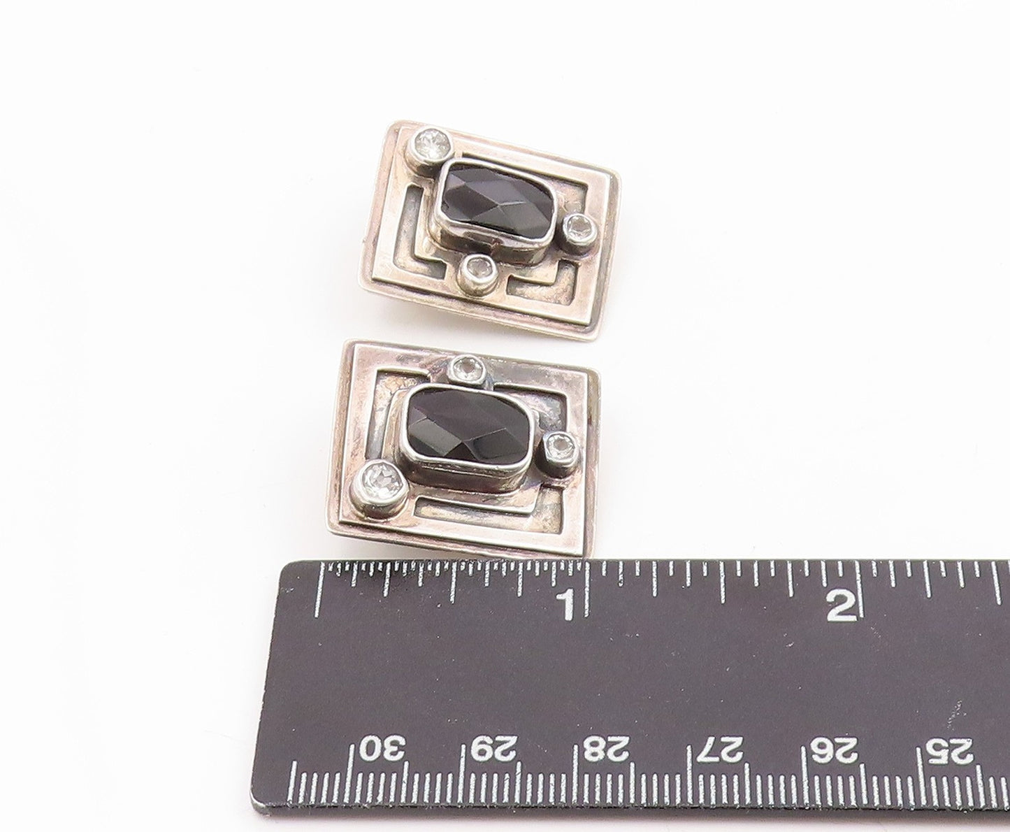 925 Sterling Silver Vintage Earrings MARGARET THURMAN Onyx & Topaz EG14281