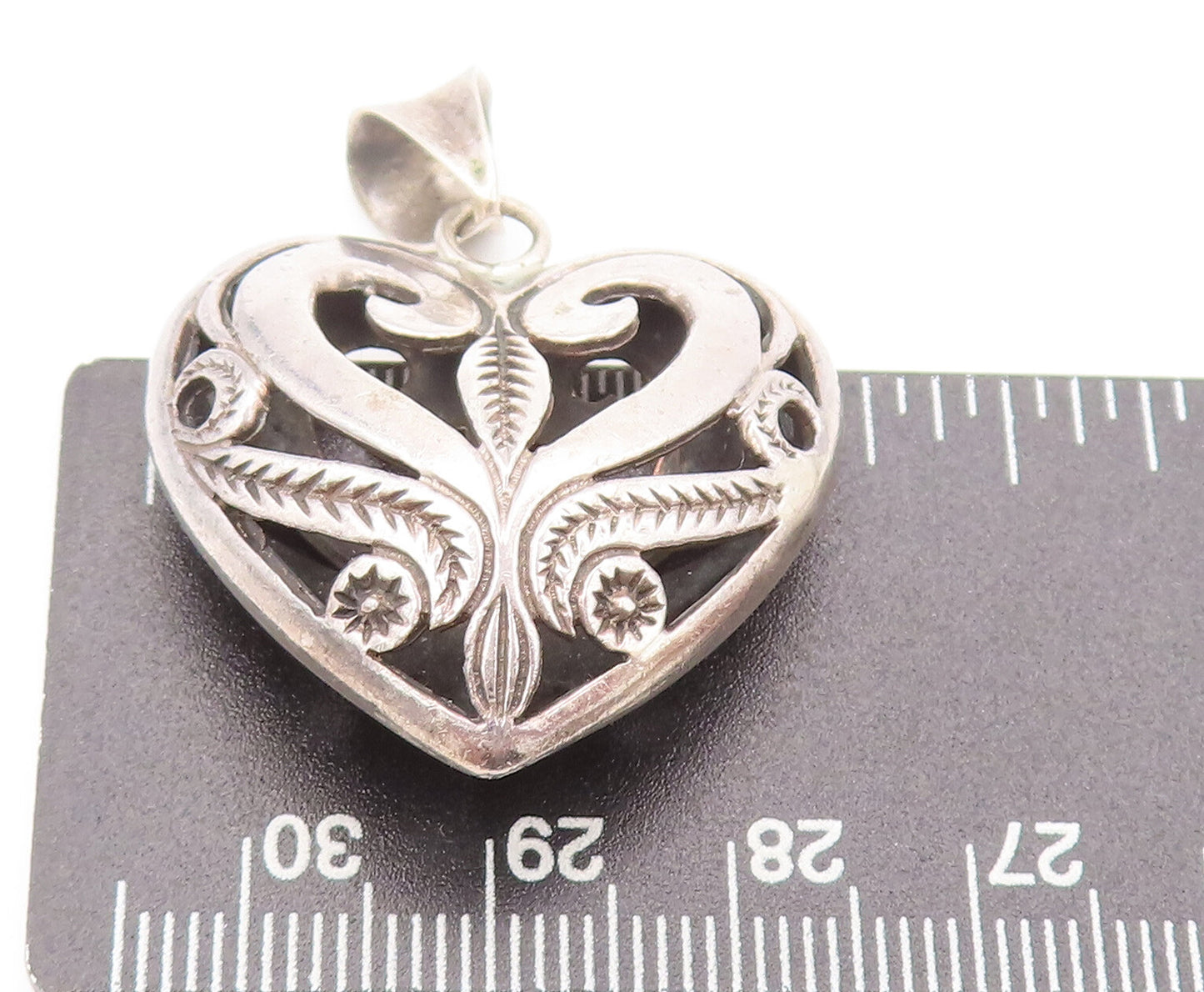 925 Sterling Silver Vintage Swirly Cut Carved Puffed Heart Pendant PT22351
