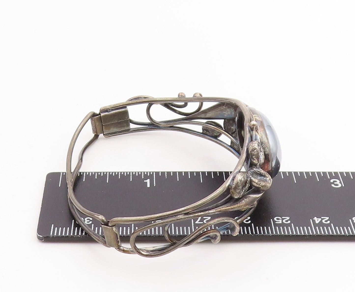 925 Sterling Silver Vintage Bracelet POLAND Hematite Floral Bangle BT11841