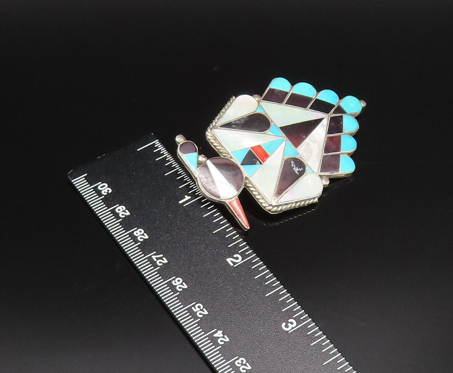 ZUNI NAVAJO 925 Silver Vintage Onyx & Stones Peyote Bird Brooch Pin BP10045