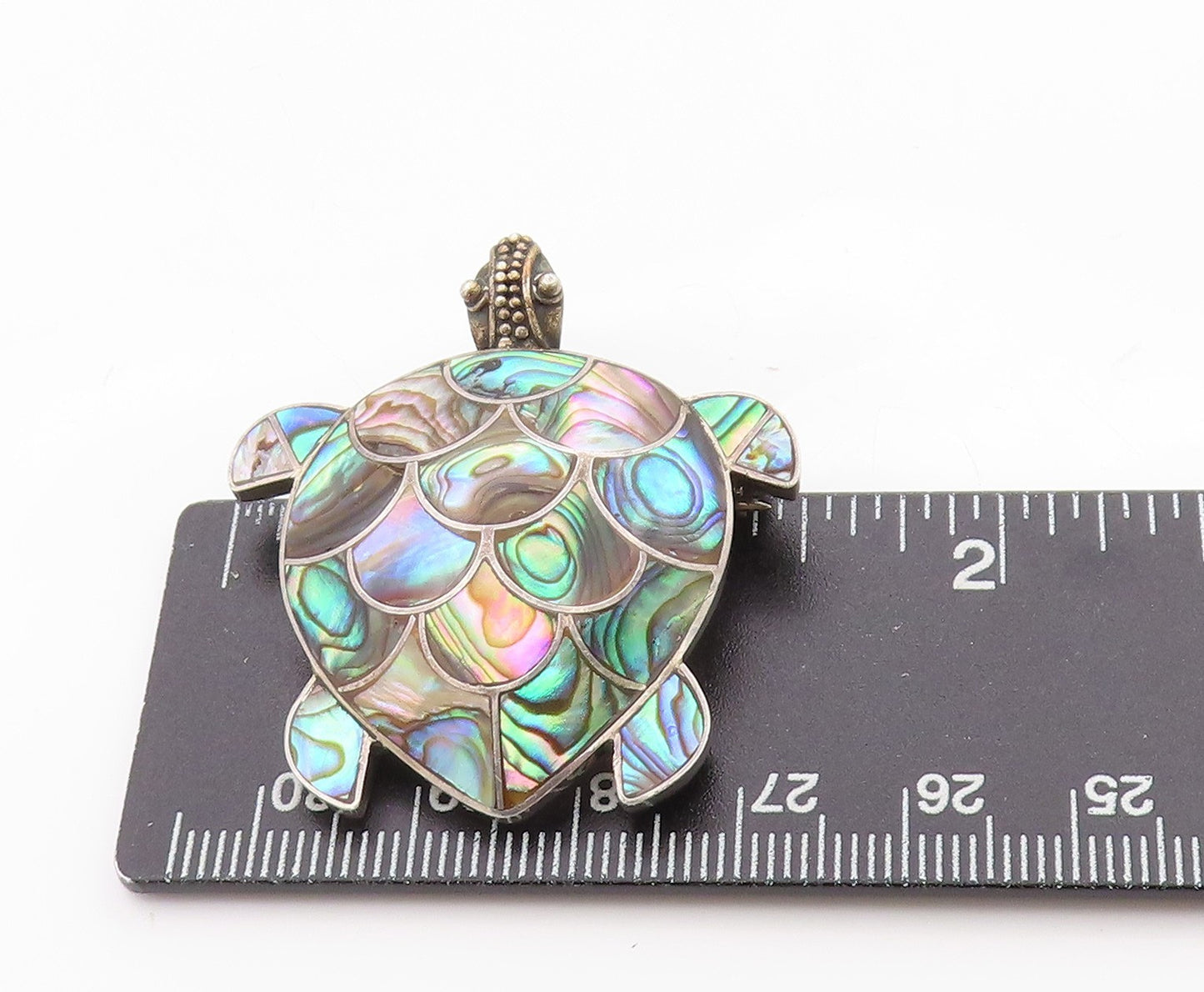 925 Sterling Silver Vintage Brooch Abalone Inlay Sea Turtle Charm BP11794
