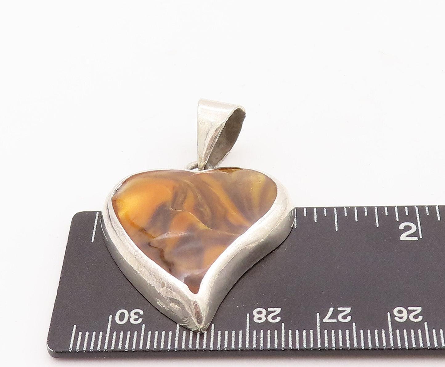 925 Sterling Silver Vintage Pendant MEXICO Solid Tiger's Eye Inlay Heart PT23458