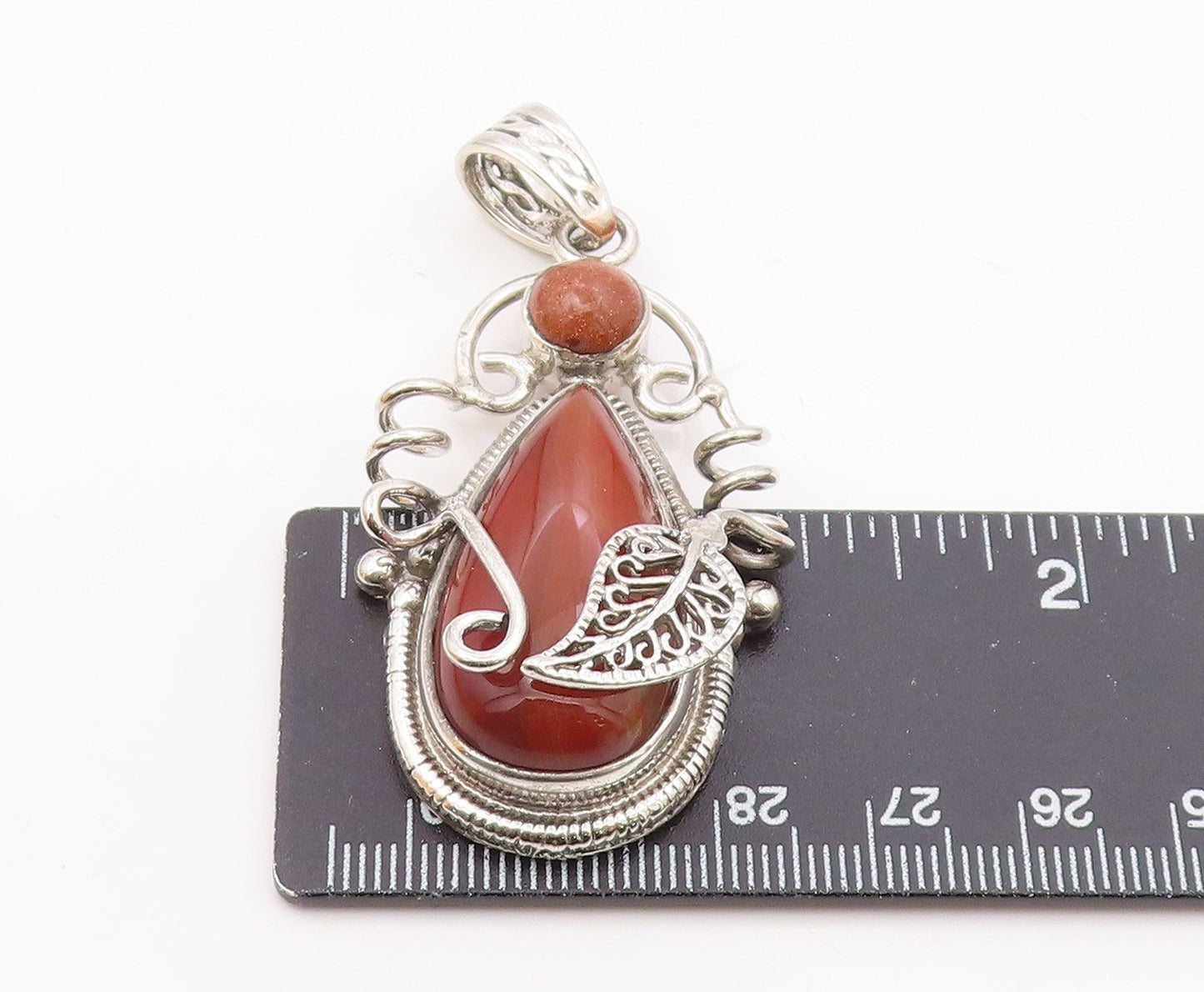 925 Sterling Silver Agate & Goldstone Floral Leaf Swirl Pendant PT10973