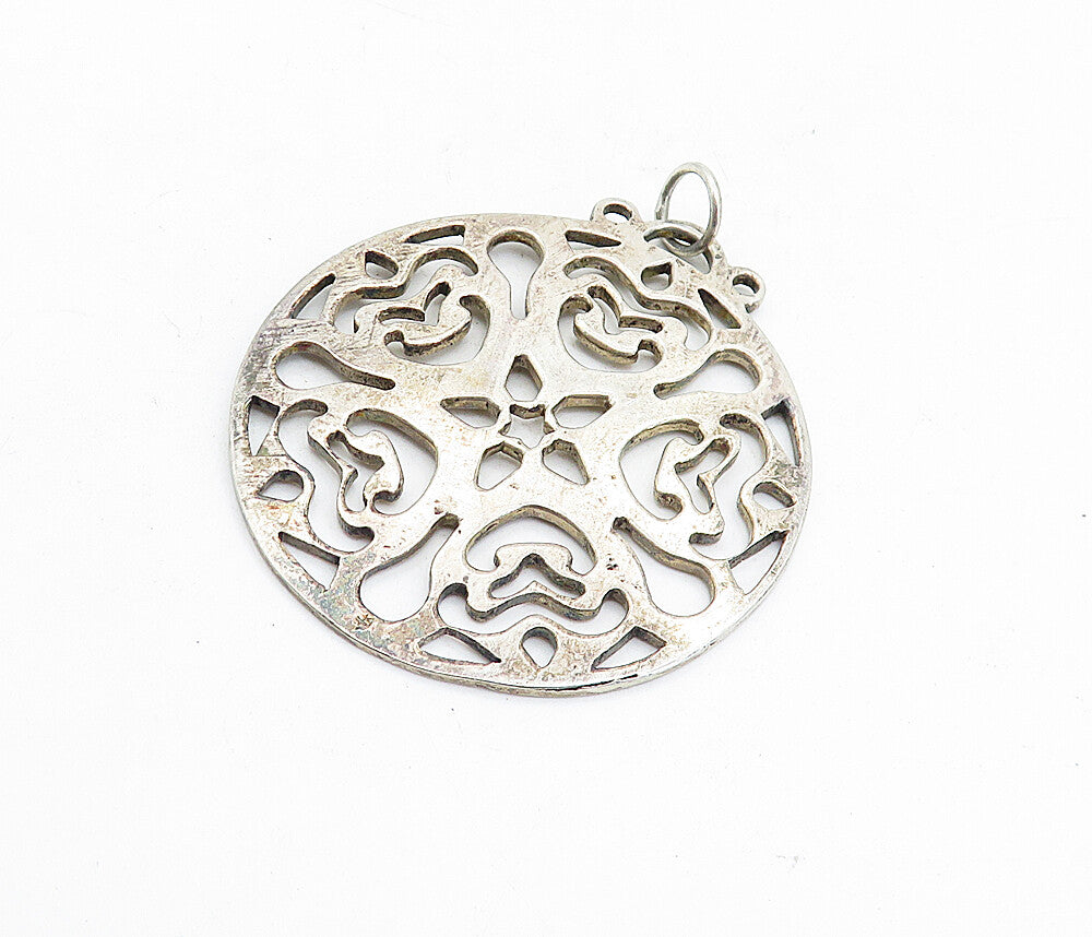925 Sterling Silver Vintage Cutout Floral Pattern Round Drop Pendant PT3471