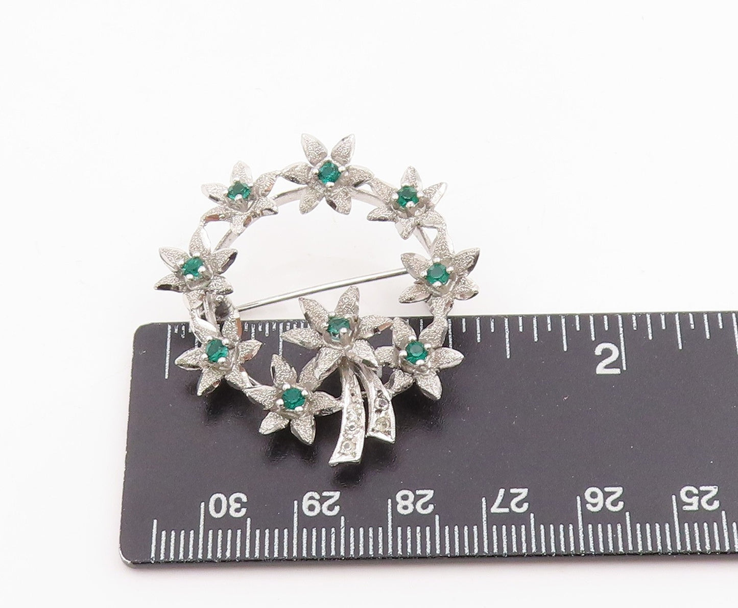 925 Sterling Silver Vintage Brooch Emerald & CZ Floral Garland Design BP11996