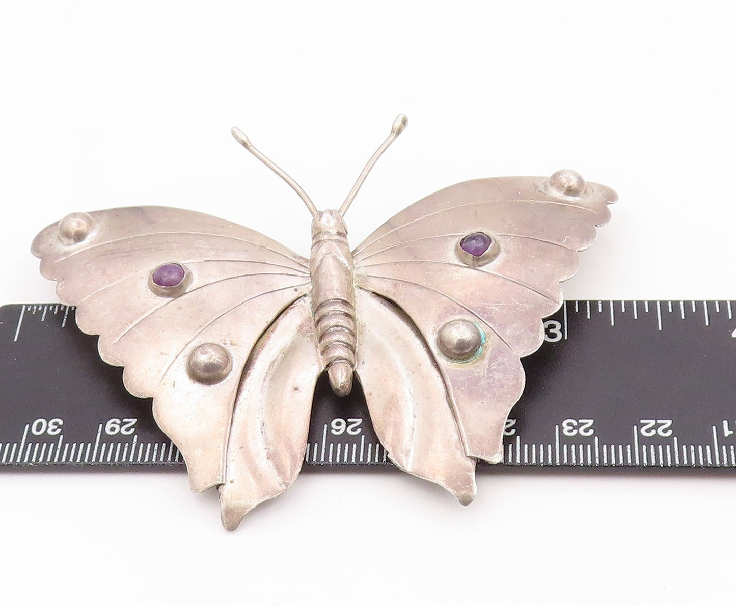 925 Sterling Silver Vintage Brooch Pin MEXICO Round Amethyst Butterfly BP12509
