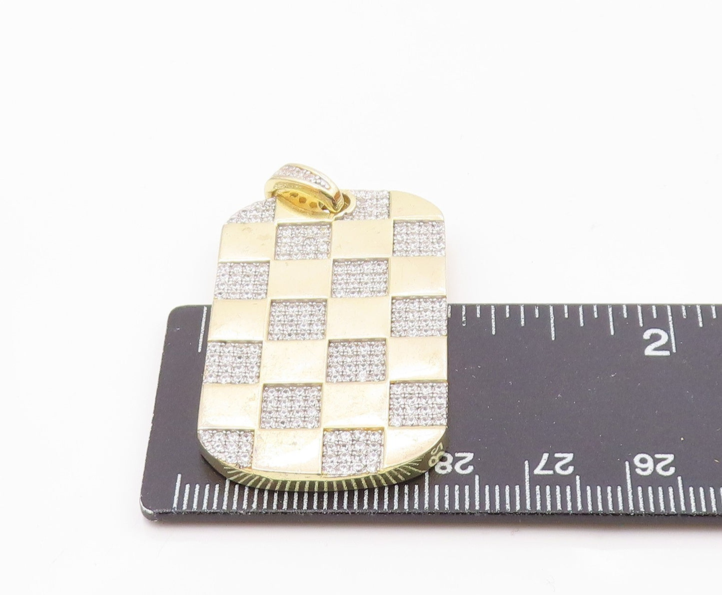 925 Sterling Silver Shiny Cubic Zirconia Checkered Dog Tag Pendant PT11125