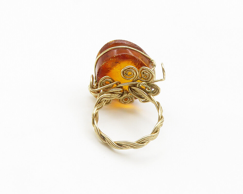 925 Sterling Silver Vintage Cabochon Amber Wire Swirl Ring Sz 4.5 RG14972