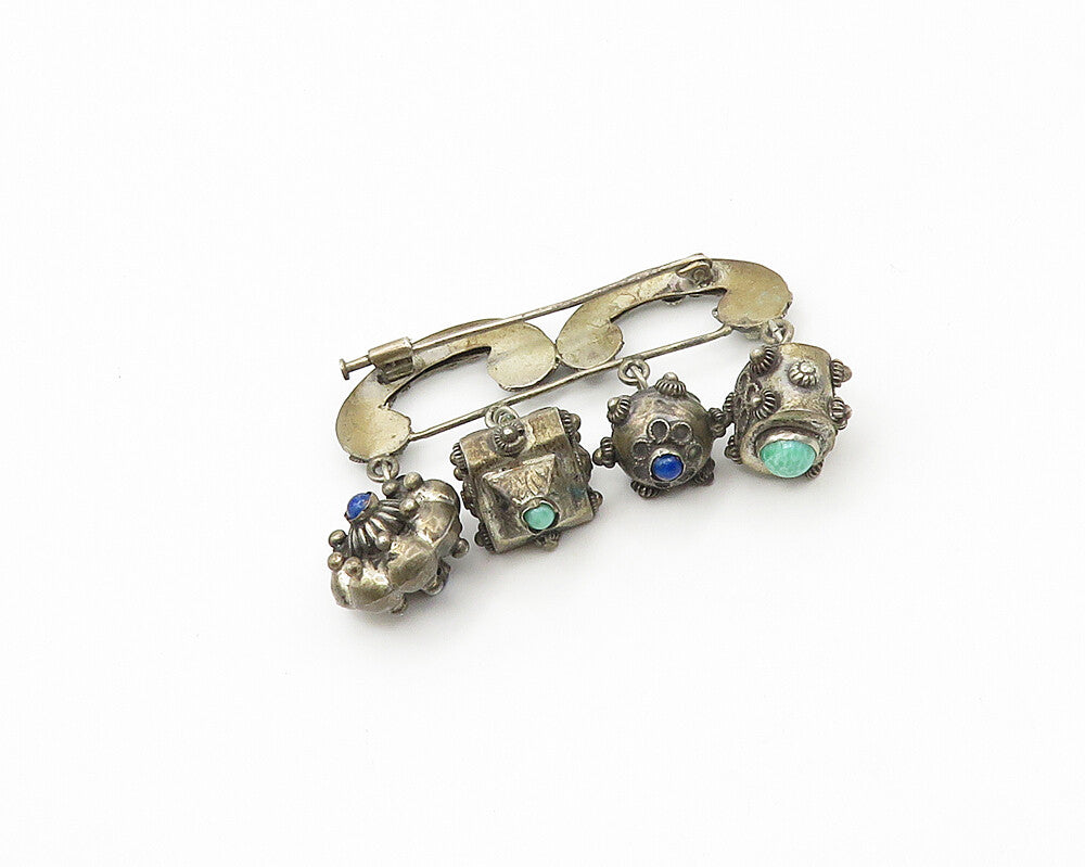 925 Silver Vintage Antique Turquoise & Lapis Lazuli Floral Brooch Pin BP6875