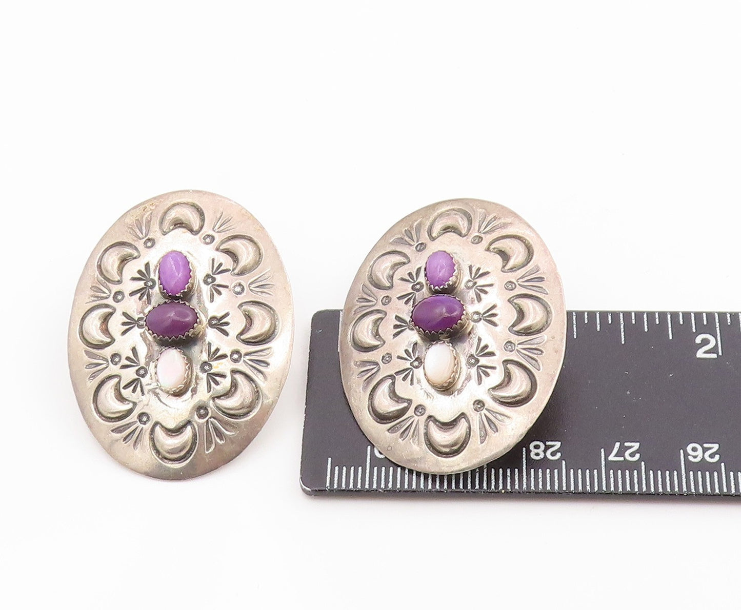 925 Sterling Silver Vintage Earrings NAVAJO Amethyst & Moonstone Concho EG14355