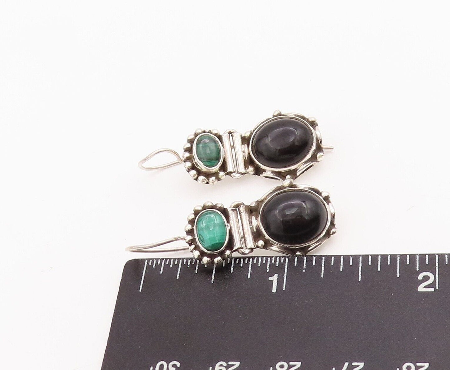 925 Sterling Silver Vintage Earrings Beaded Onyx & Malachite EG13058