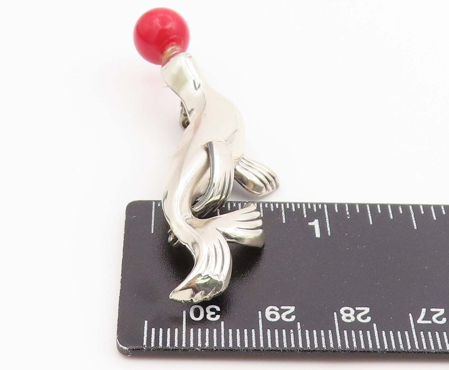 925 Sterling Silver Vintage Brooch Pin LANG Circus Seal With Red Ball BP12442