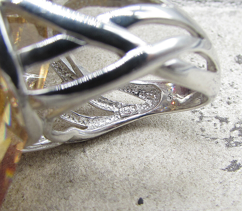 925 Silver Marquise Cut Faceted Citrine Wrapped Solitaire Ring Sz 7 RG1594