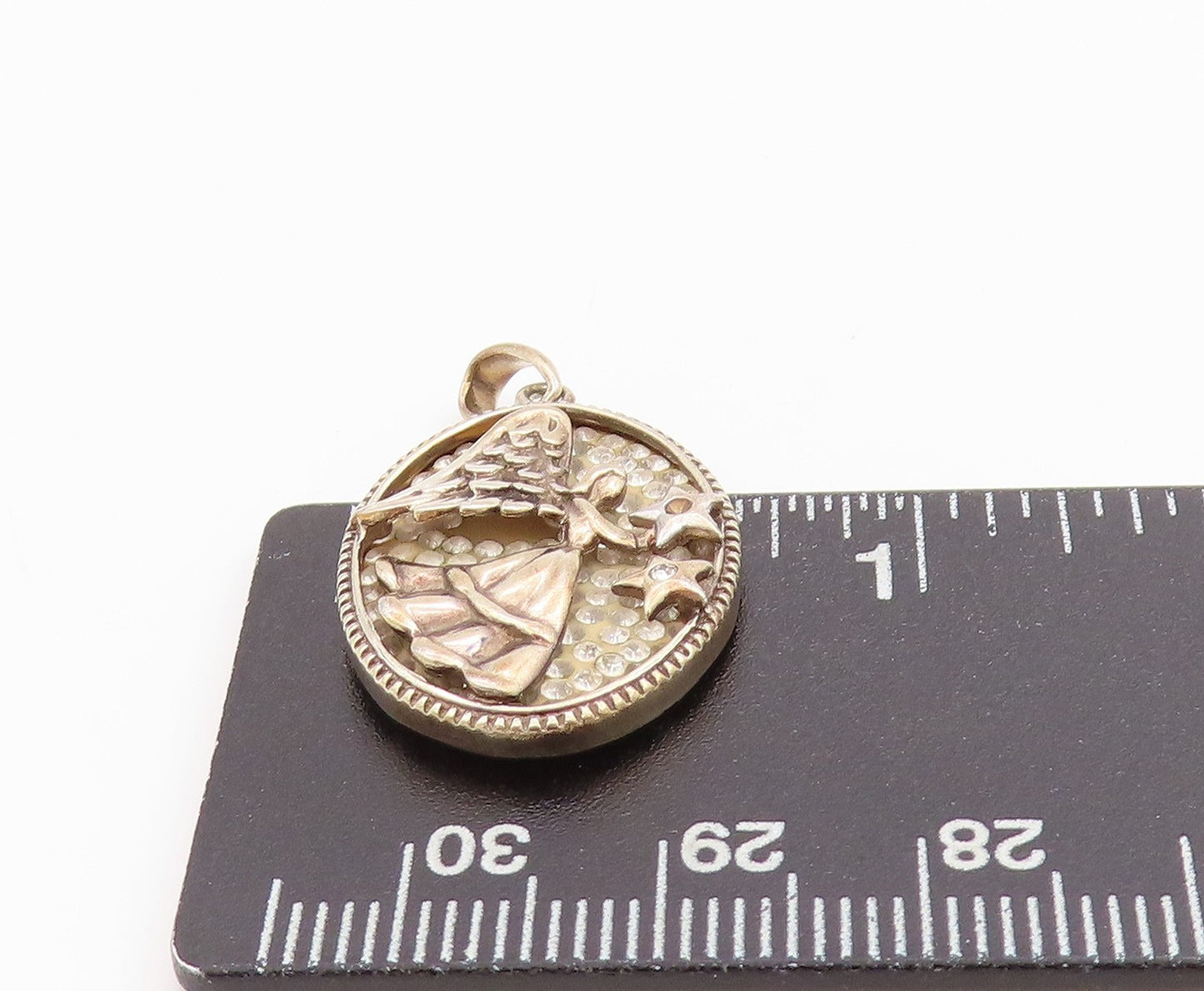 925 Sterling Silver Vintage Pendant CZ Inlay Flying Angel Carved PT24416
