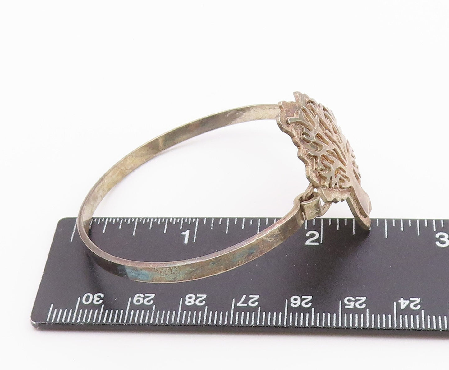 925 Sterling Silver Vintage Carved Tree Of Life Hooked Bangle Bracelet BT9654