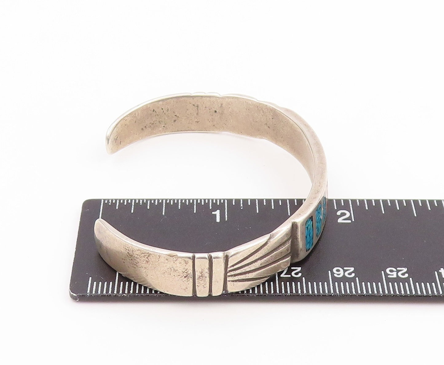 925 Sterling Silver Vintage Bracelet NAVAJO ZUNI Crushed Gemstone Inlay BT11778