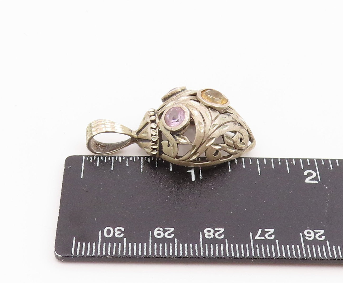 925 Sterling Silver Vintage Pendant Citrine & Amethyst Openwork Charm PT26029