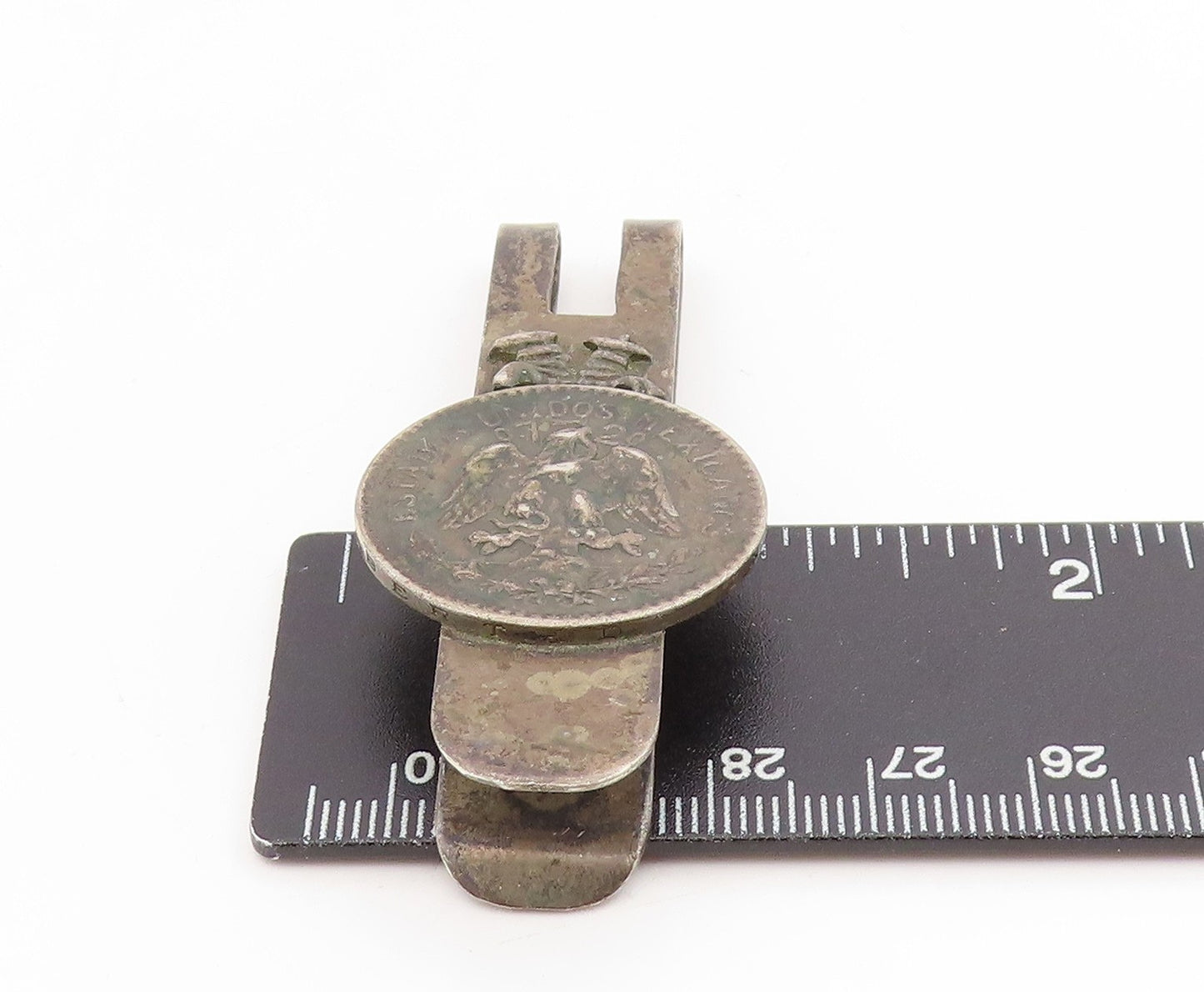 925 Sterling Silver Vintage Money Clip MEXICO Carved Eagle & Snake Coin TR4182