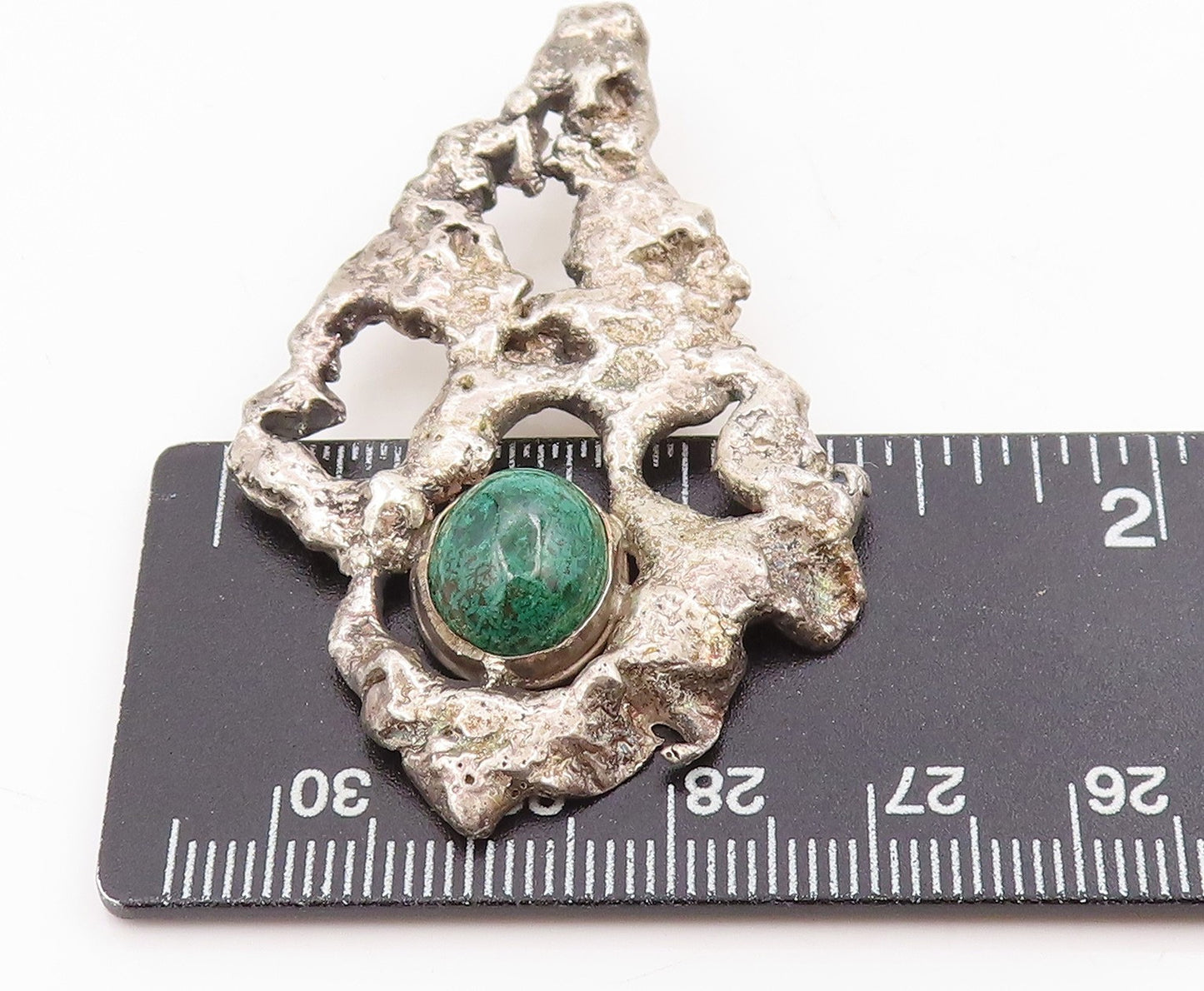925 Sterling Silver Vintage Pendant Cabochon Malachite Brutalist Locket PT25447