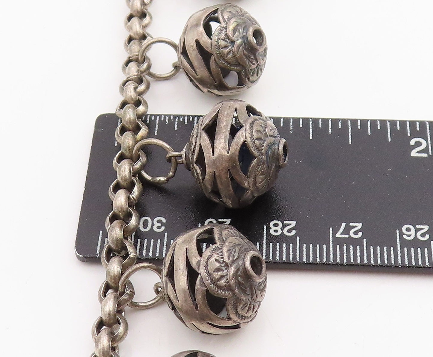 925 Sterling Silver Vintage Bracelet Carved Floral Roses Beaded Chain BT11430