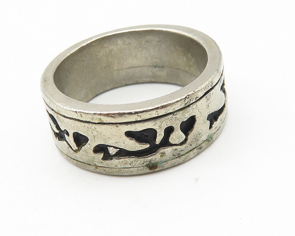 925 Sterling Silver Vintage Dark Tone Chiseled Design Band Ring Sz 8 RG11257