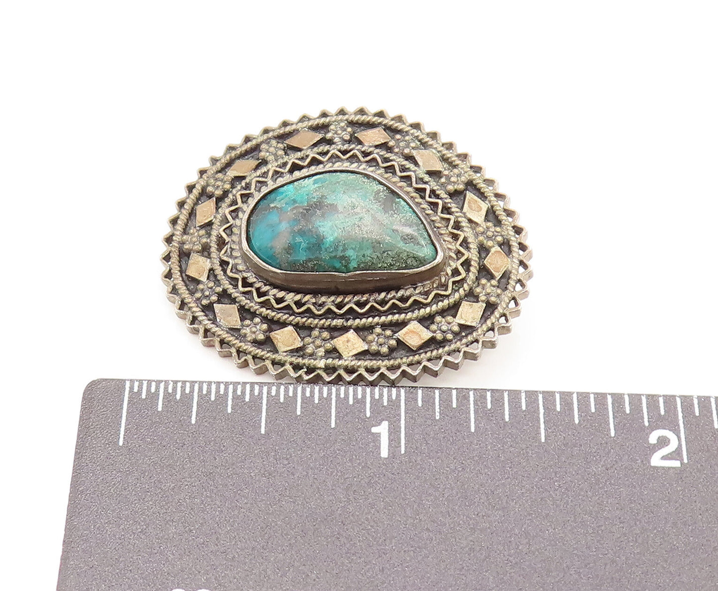 ISRAEL 925 Sterling Silver Vintage Wavy Floral Chrysocolla Brooch Pin BP10134