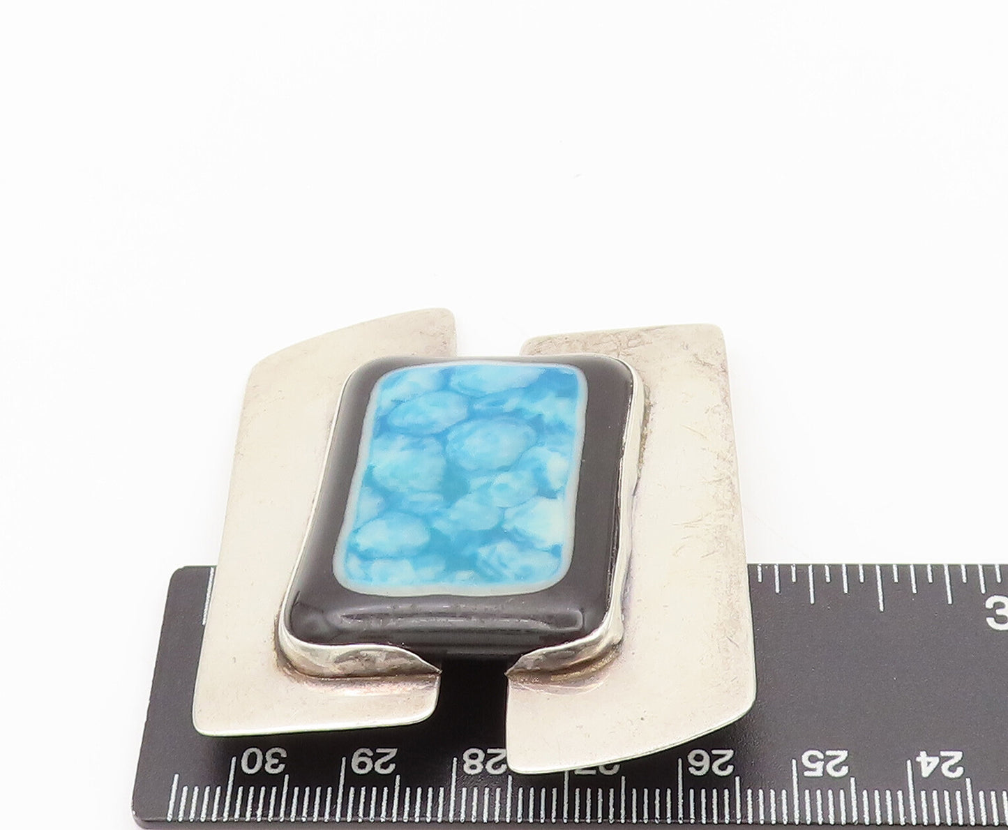 925 Silver Vintage Modernist Large Black Blue Moss Agate Brooch Pin BP10345