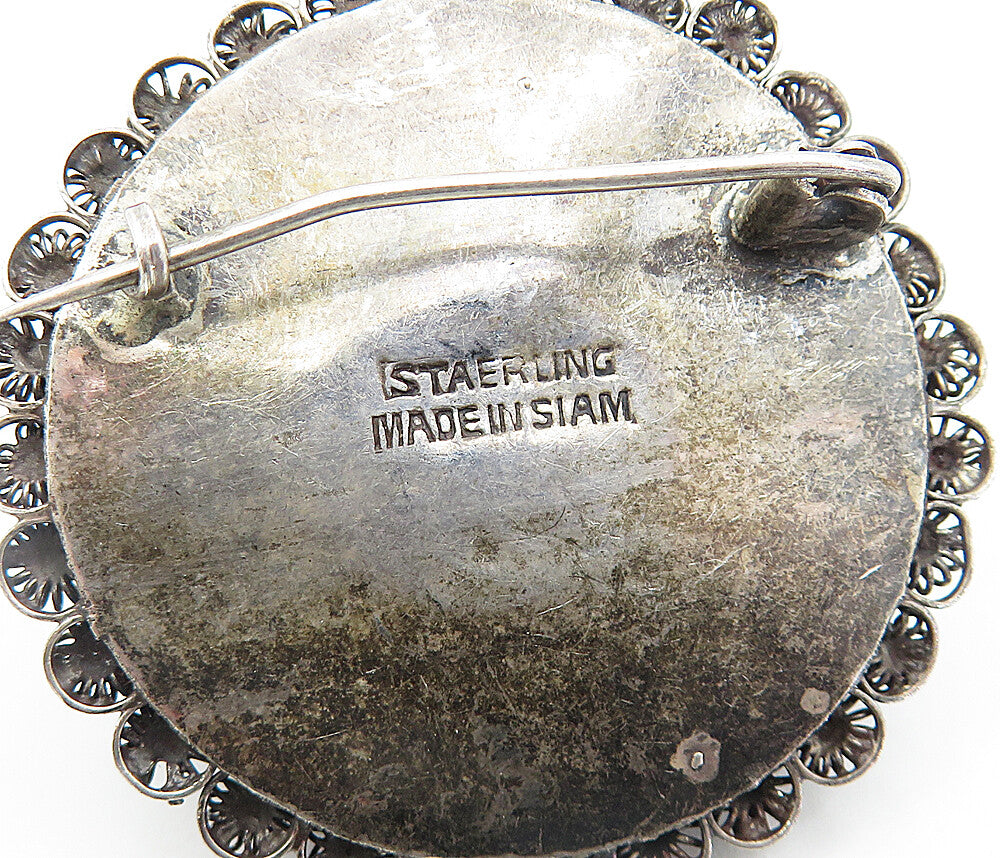 SIAM 925 Sterling Silver Vintage Antique Oxidized Floral Brooch Pin BP1181