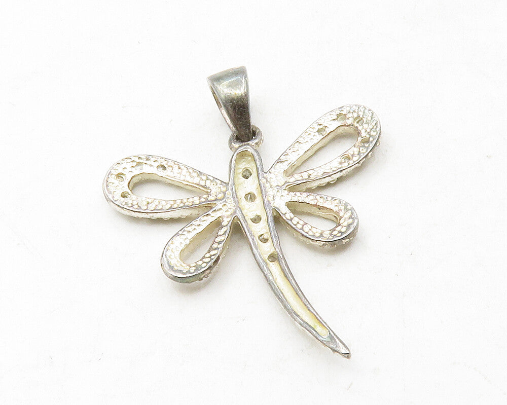 925 Sterling Silver Vintage White Topaz Dragonfly Motif Drop Pendant PT9850